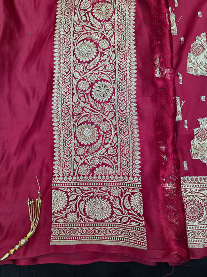 Maroon Zardozi Zarkan Banarasi Katan Saree