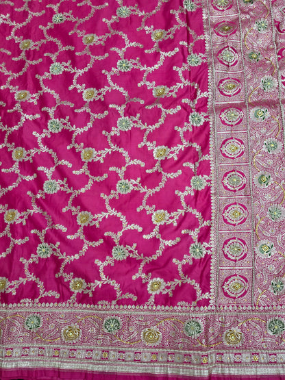 Strawberry Rani Pink Zardozi Zarkan Banarasi  Katan Saree