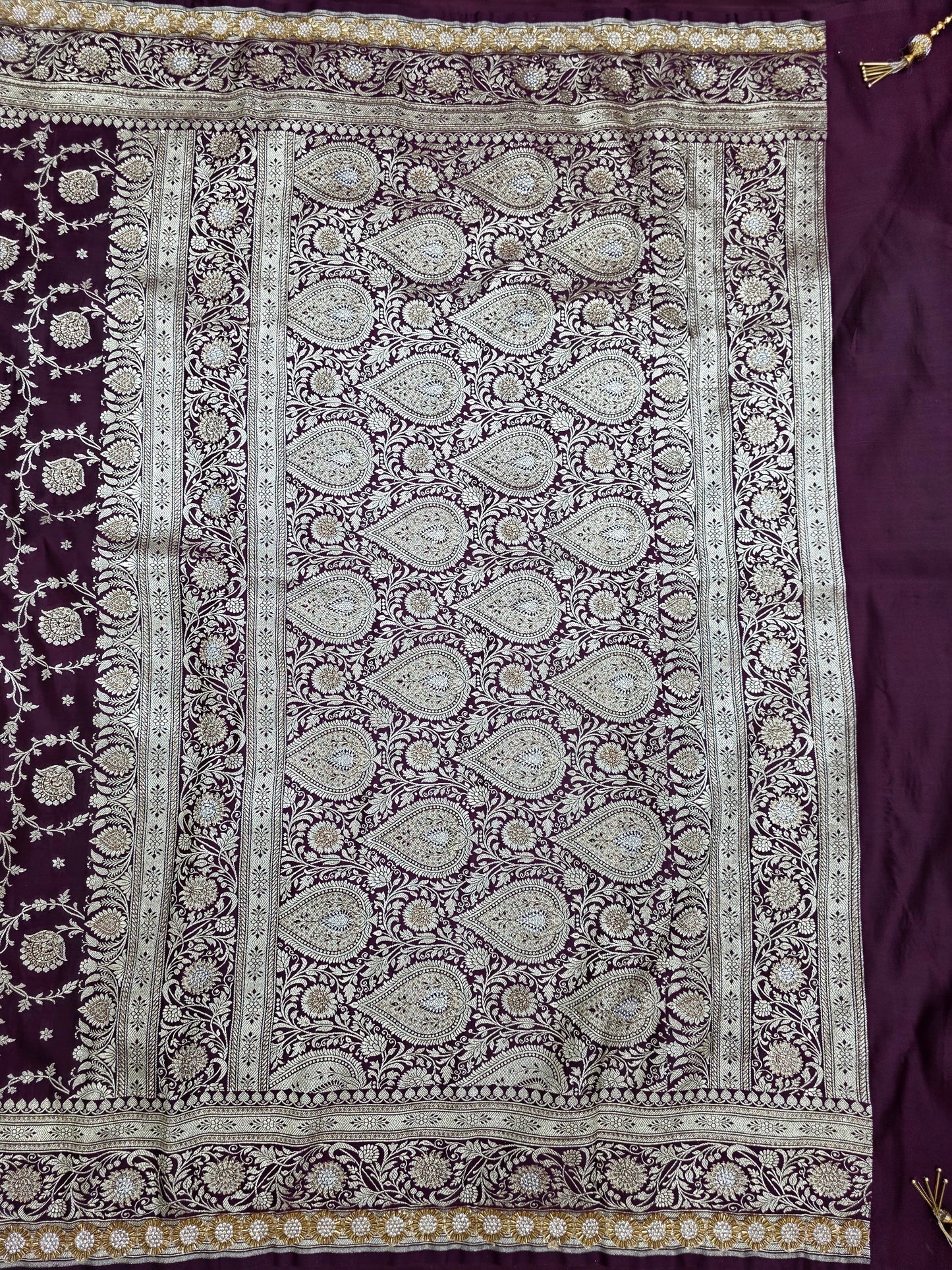 Wine Zarkan Swarovski Banarasi Katan Saree