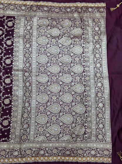 Wine Zarkan Swarovski Banarasi Katan Saree