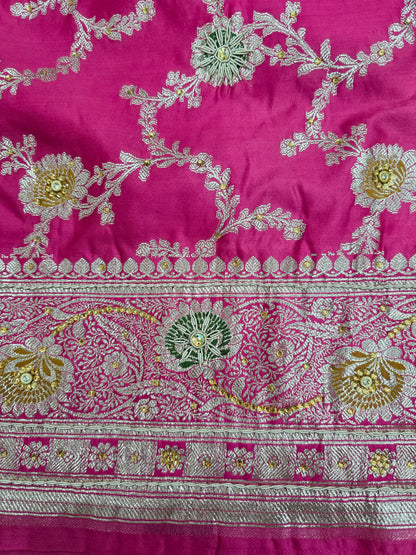 Strawberry Rani Pink Zardozi Zarkan Banarasi  Katan Saree