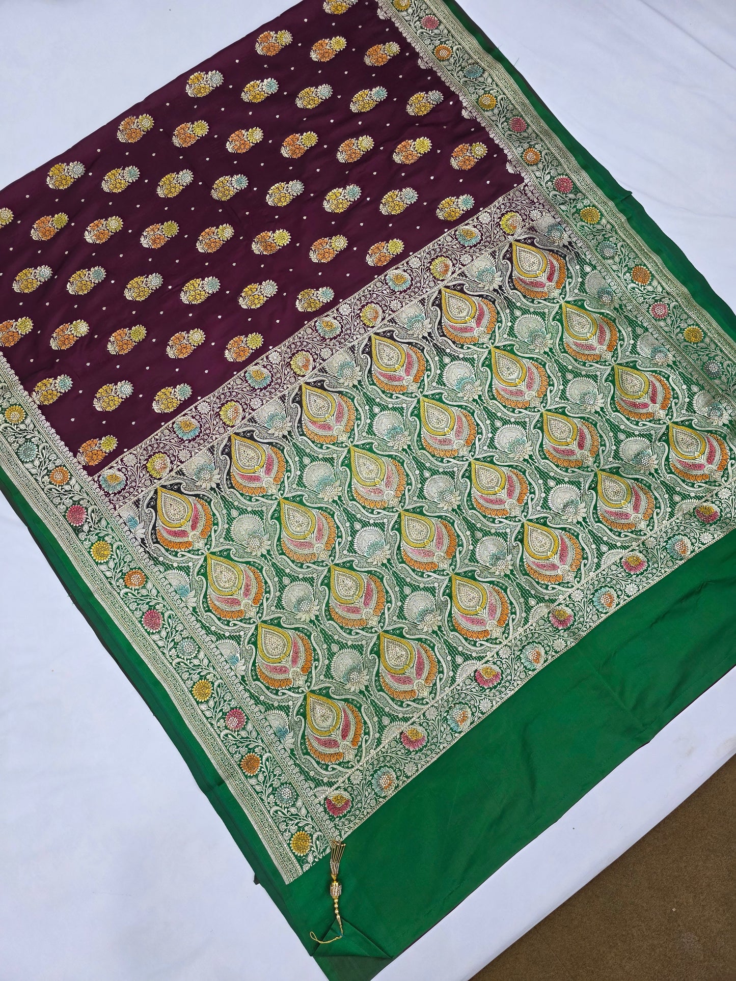 Wine Mina Kari Zarkan Swarovski Banarasi Saree