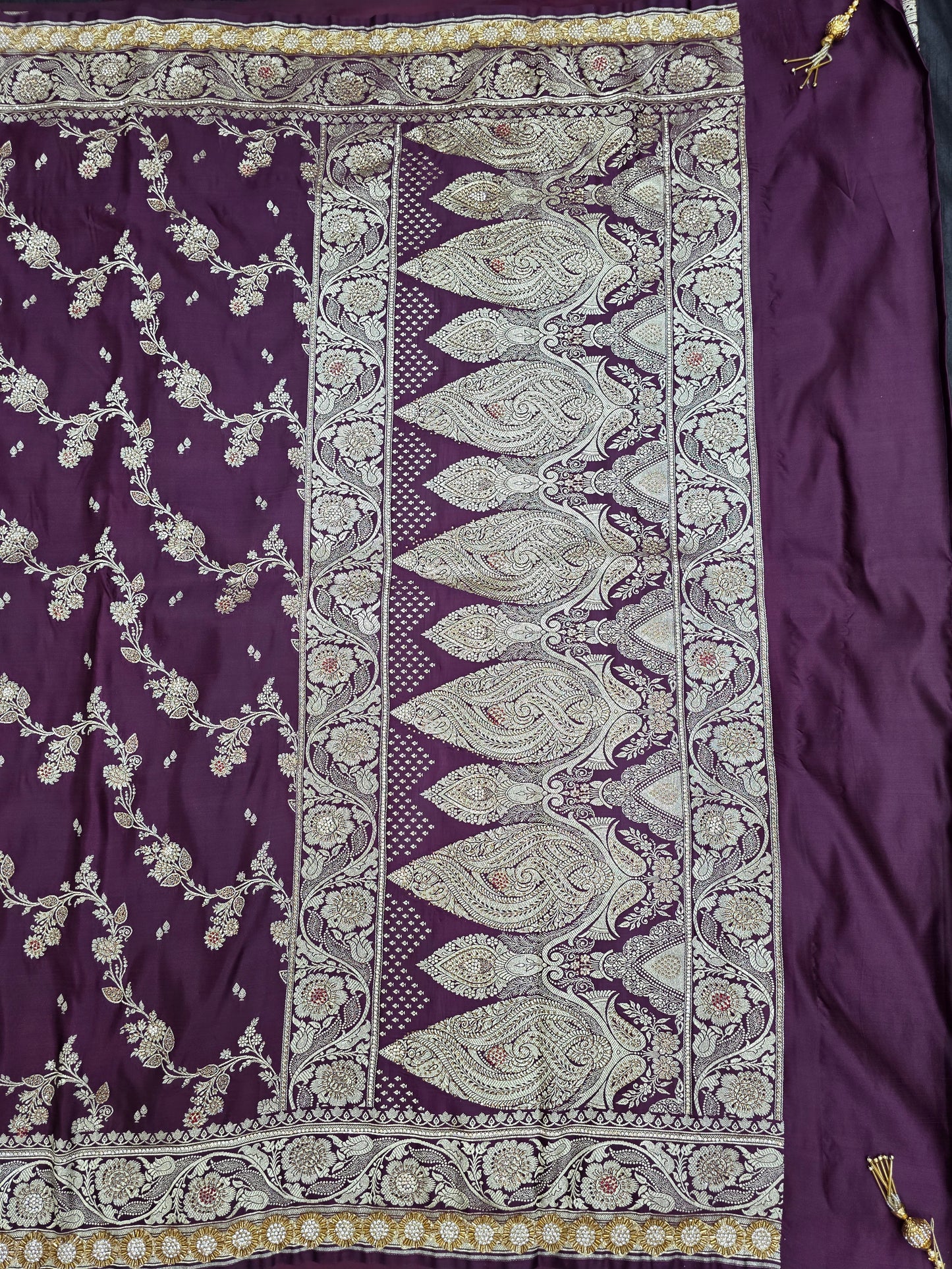 Wine Zarkan Swarovski Banarasi Katan Saree