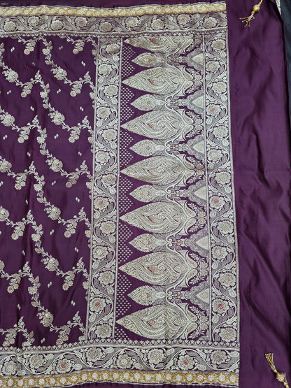 Wine Zarkan Swarovski Banarasi Katan Saree