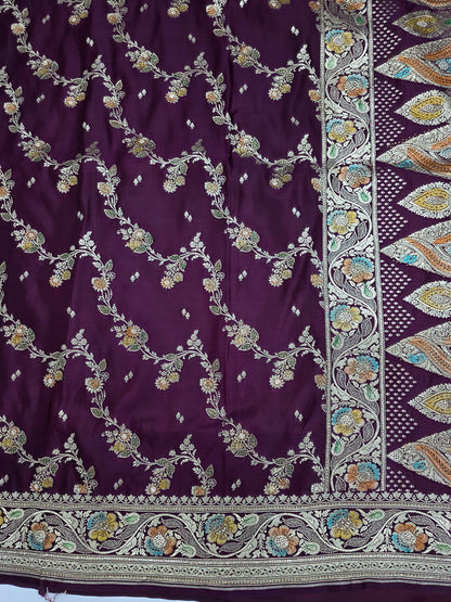 Wine Zarkan swarovski Banarsi katan Saree