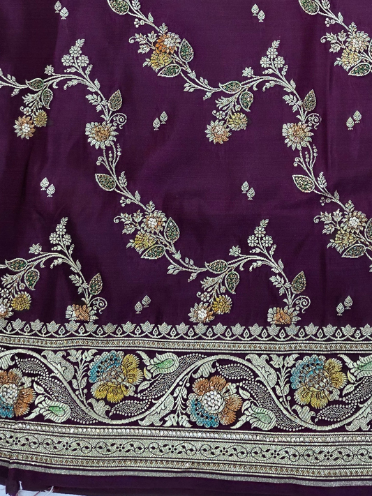 Wine Zarkan swarovski Banarsi katan Saree