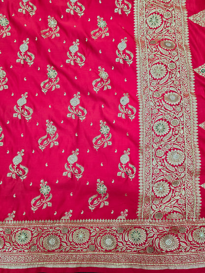 Red Zardozi Zarkan Banarasi Katan Saree