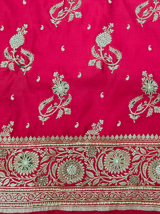 Red Zardozi Zarkan Banarasi Katan Saree