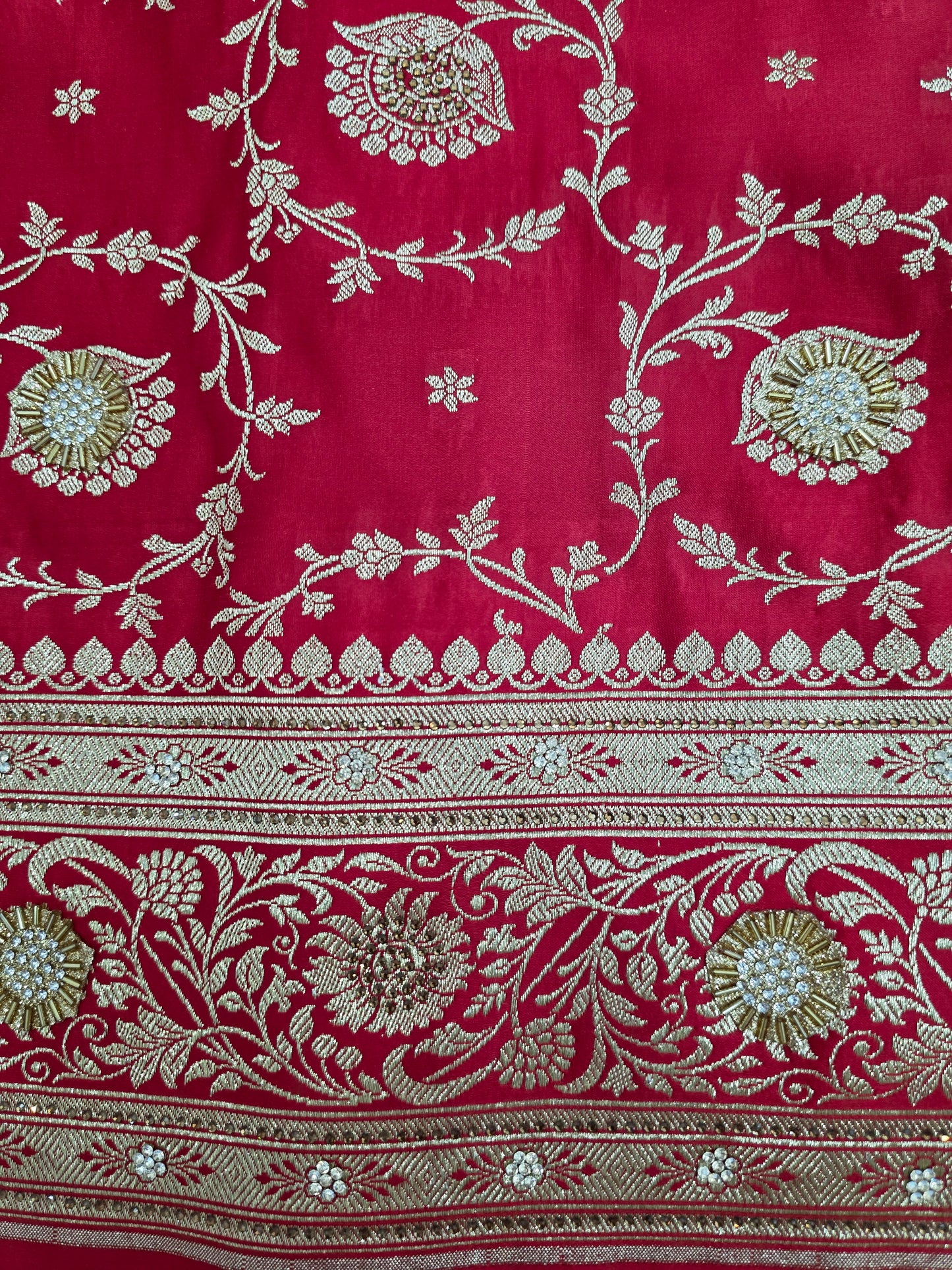 Red Zarkan Swarovski Banarasi Katan Saree