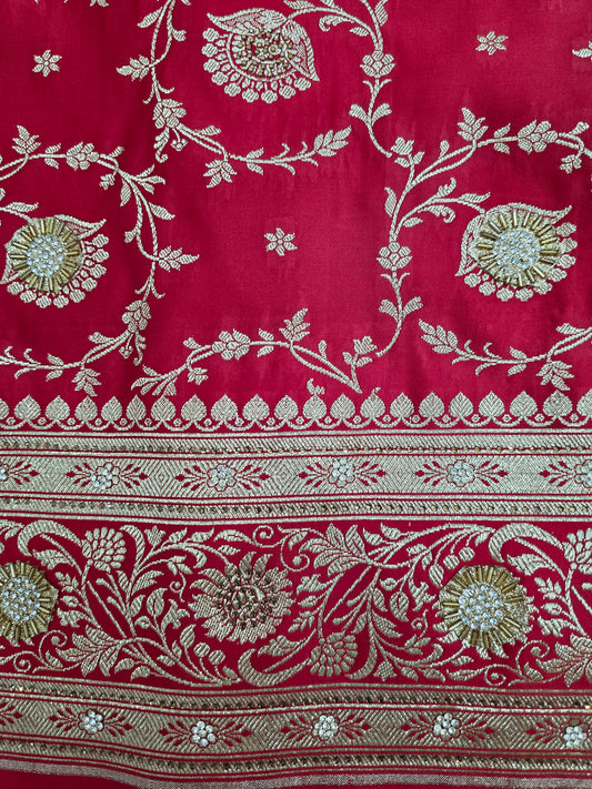 Red Zarkan Swarovski Banarasi Katan Saree