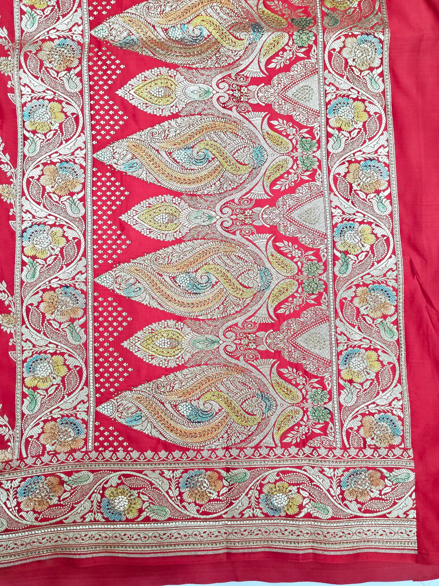 Red Zarkan Swarovski Banarsi Katan Saree