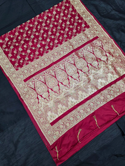 Maroon Zardozi Zarkan Banarasi Katan Saree