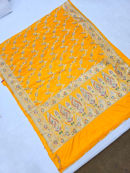 Yellow Zarkan Swarovski Banarsi Katan Saree