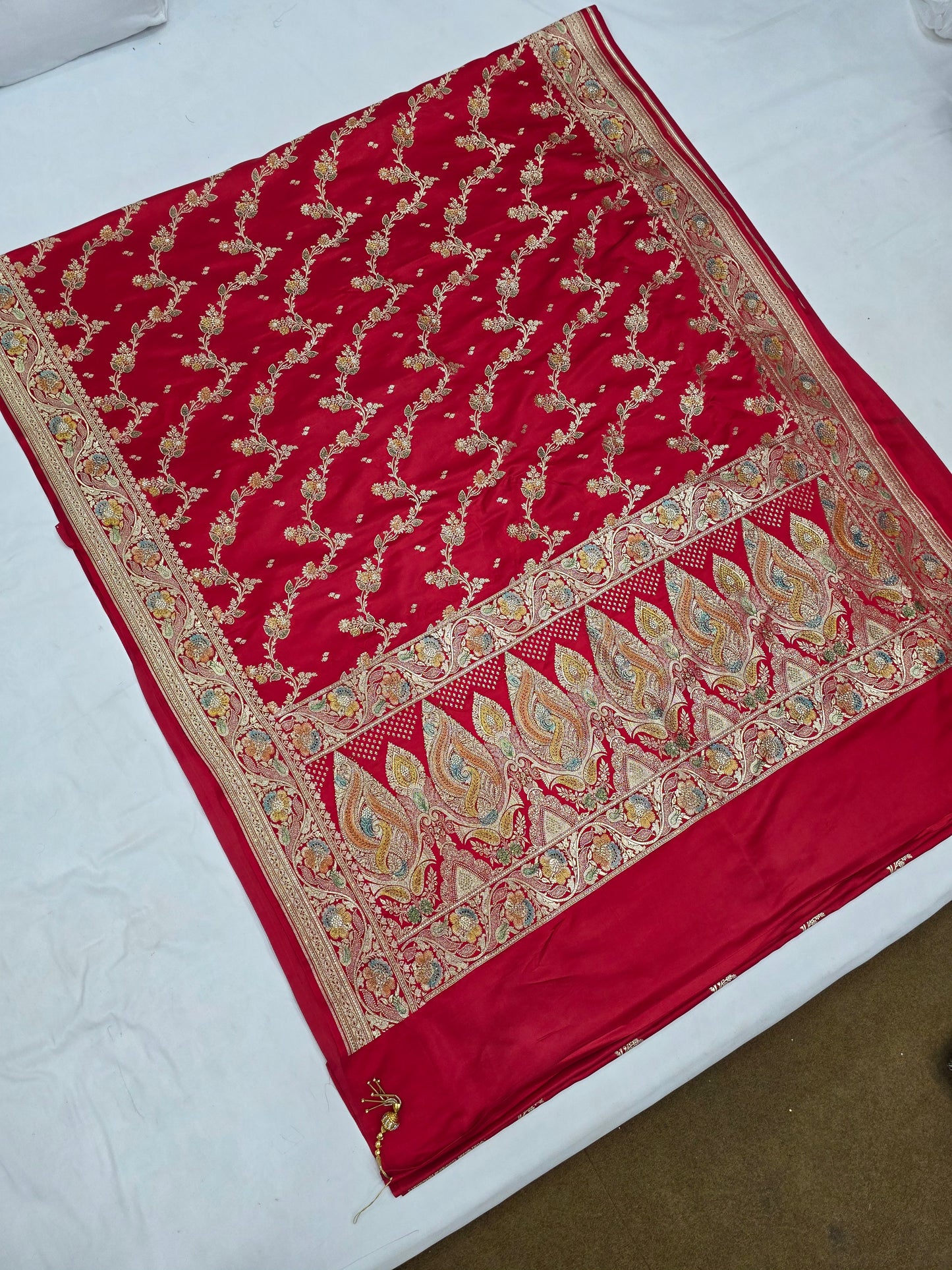 Red Zarkan Swarovski Banarsi Katan Saree