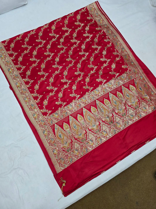 Red Zarkan Swarovski Banarsi Katan Saree