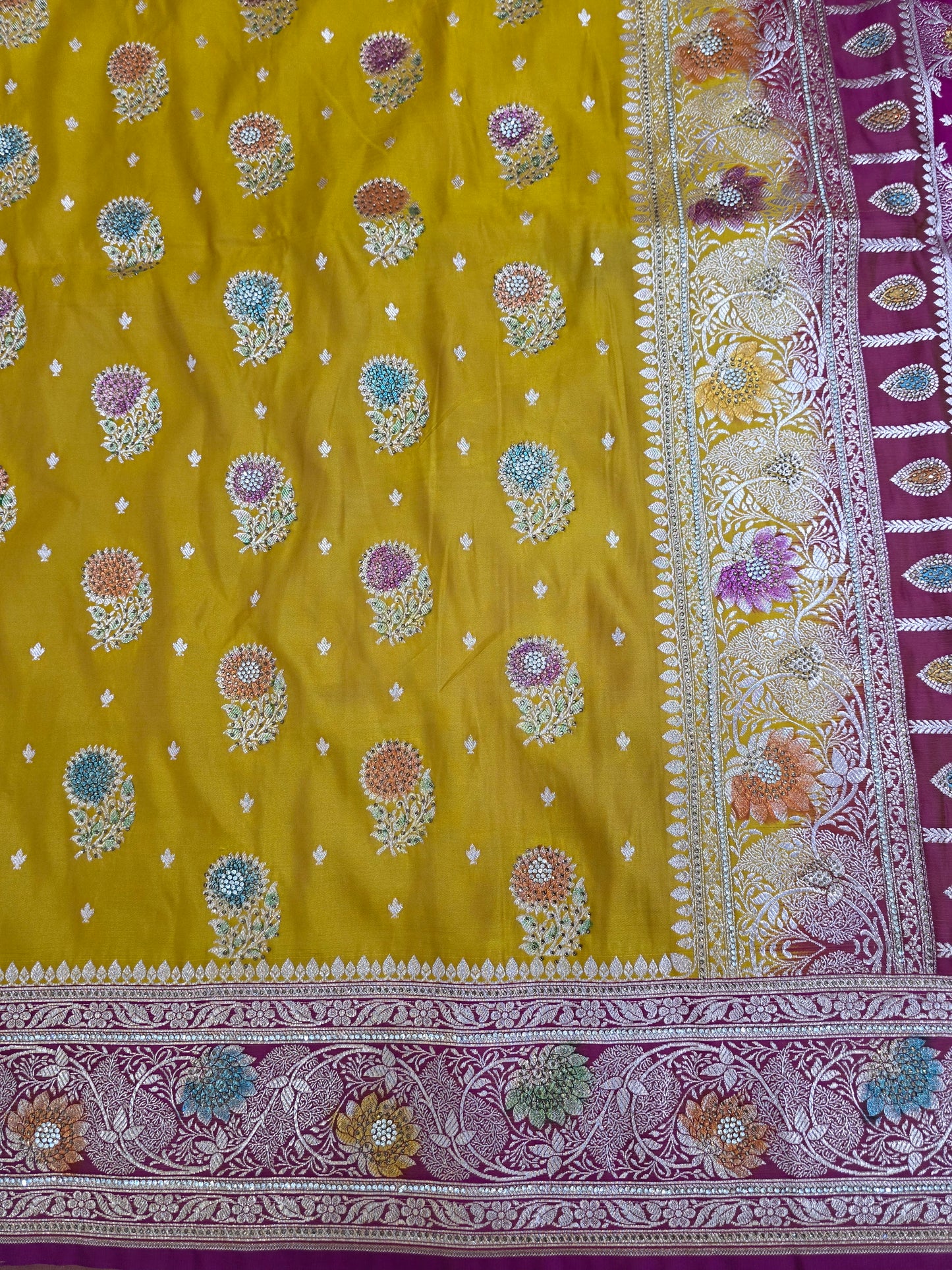 Yellow Zarkan Swarovski Banarasi Katan Saree