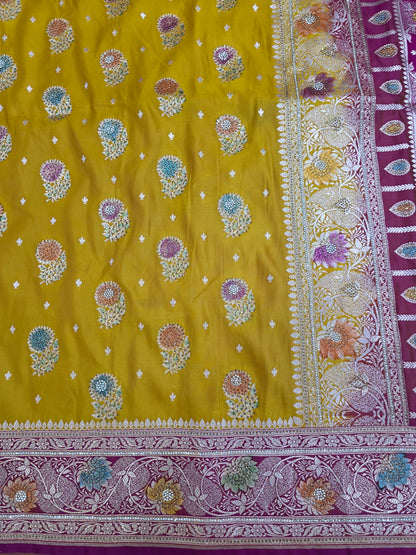 Yellow Zarkan Swarovski Banarasi Katan Saree
