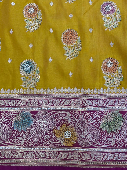 Yellow Zarkan Swarovski Banarasi Katan Saree
