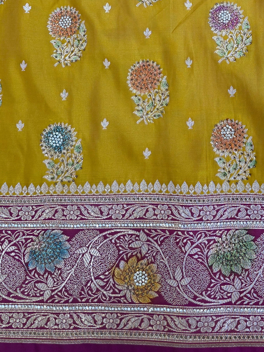 Yellow Zarkan Swarovski Banarasi Katan Saree