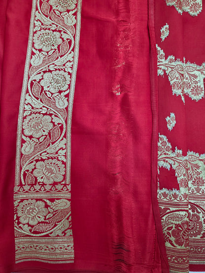 Red Swarovski Banarasi katan silk Saree