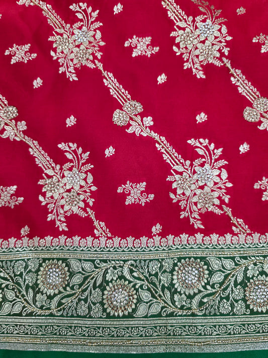 Red Zarkan Moti Banarasi Saree