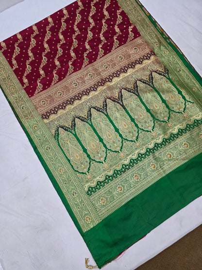 Maroon Zarkan Swarovski Banarasi katan saree