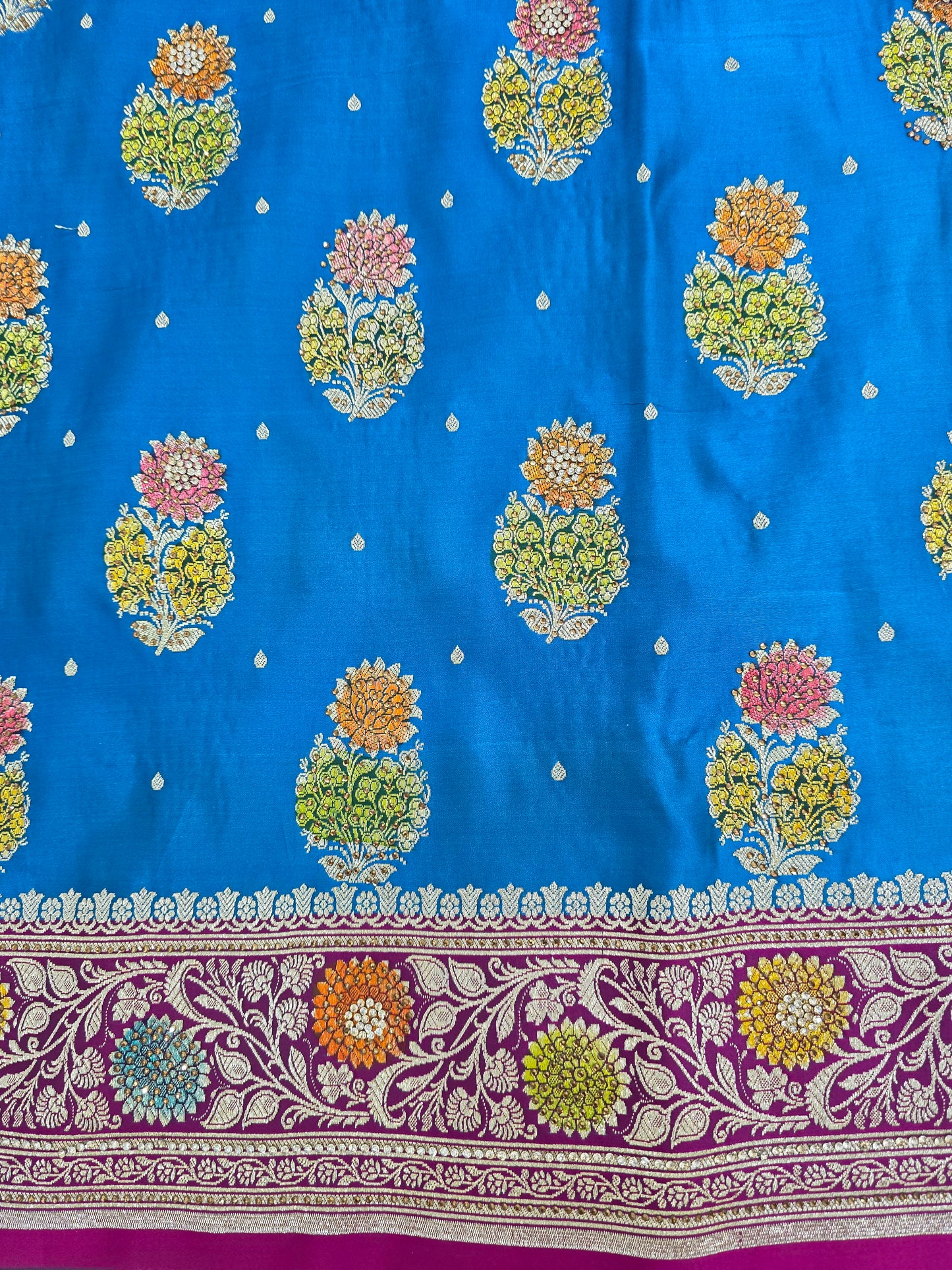 Firozi Blue Mina Kari Zarkan Swarovski Banarasi Saree