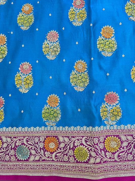 Firozi Blue Mina Kari Zarkan Swarovski Banarasi Saree