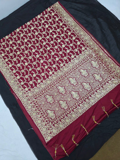 Maroon Zardozi Zarkan Banarasi Katan Saree