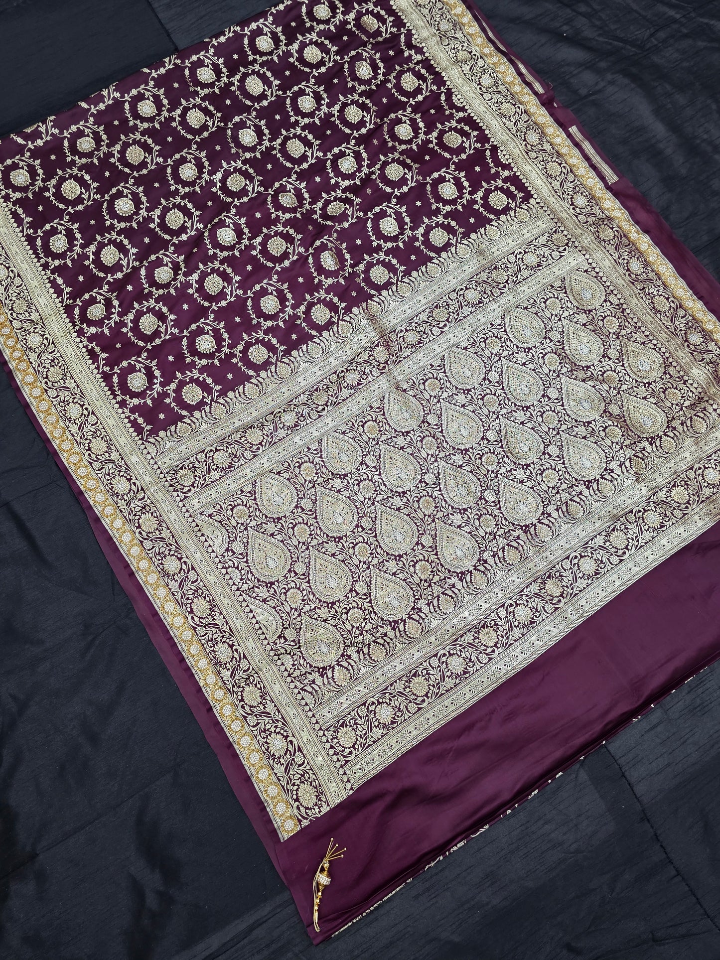 Wine Zarkan Swarovski Banarasi Katan Saree