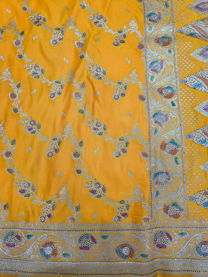 Yellow Zarkan Swarovski Banarsi Katan Saree