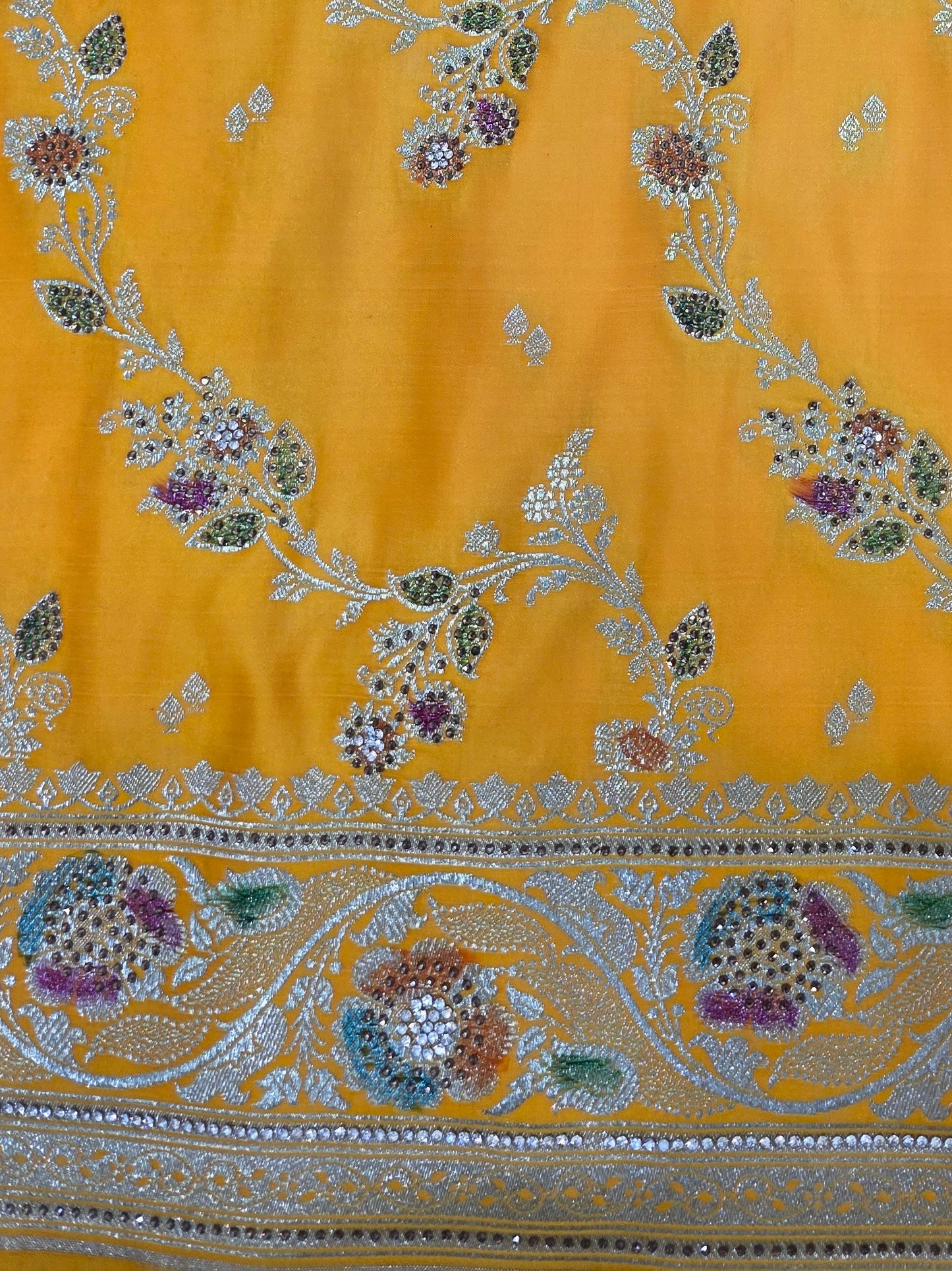 Yellow Zarkan Swarovski Banarsi Katan Saree