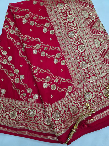 Red Zarkan Moti Banarasi Silk Saree