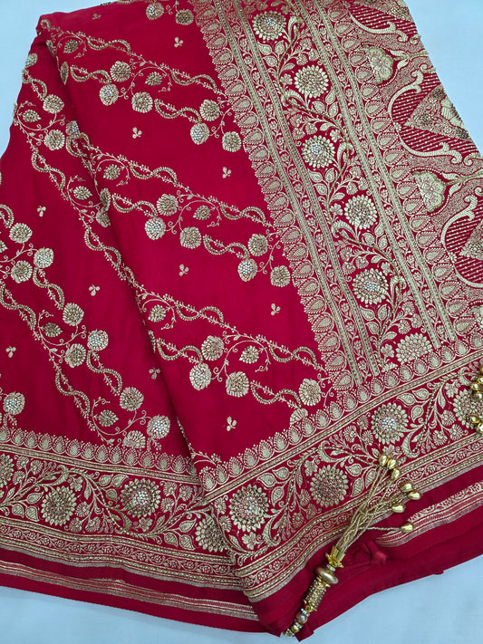 Red Zarkan Moti Banarasi Silk Saree