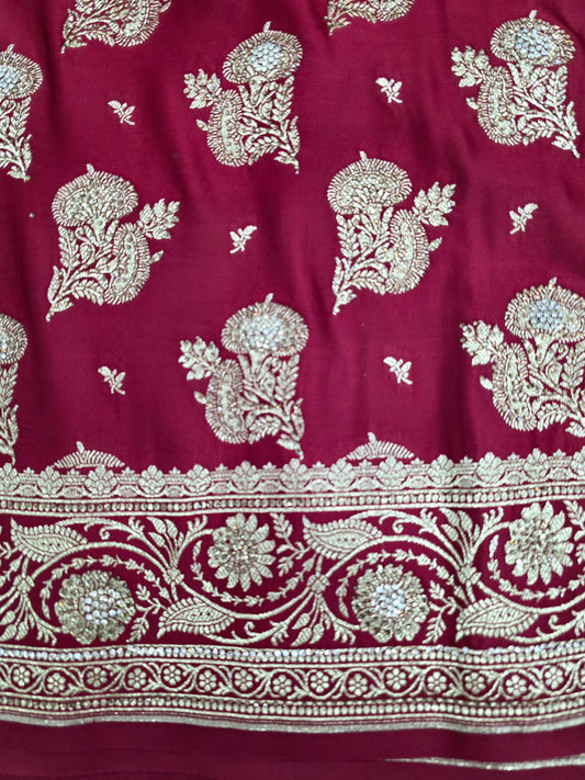 Maroon Zarkan Swarovski Banarasi Saree