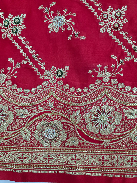 Red Zardozi Zarkan Moti Banarasi Saree