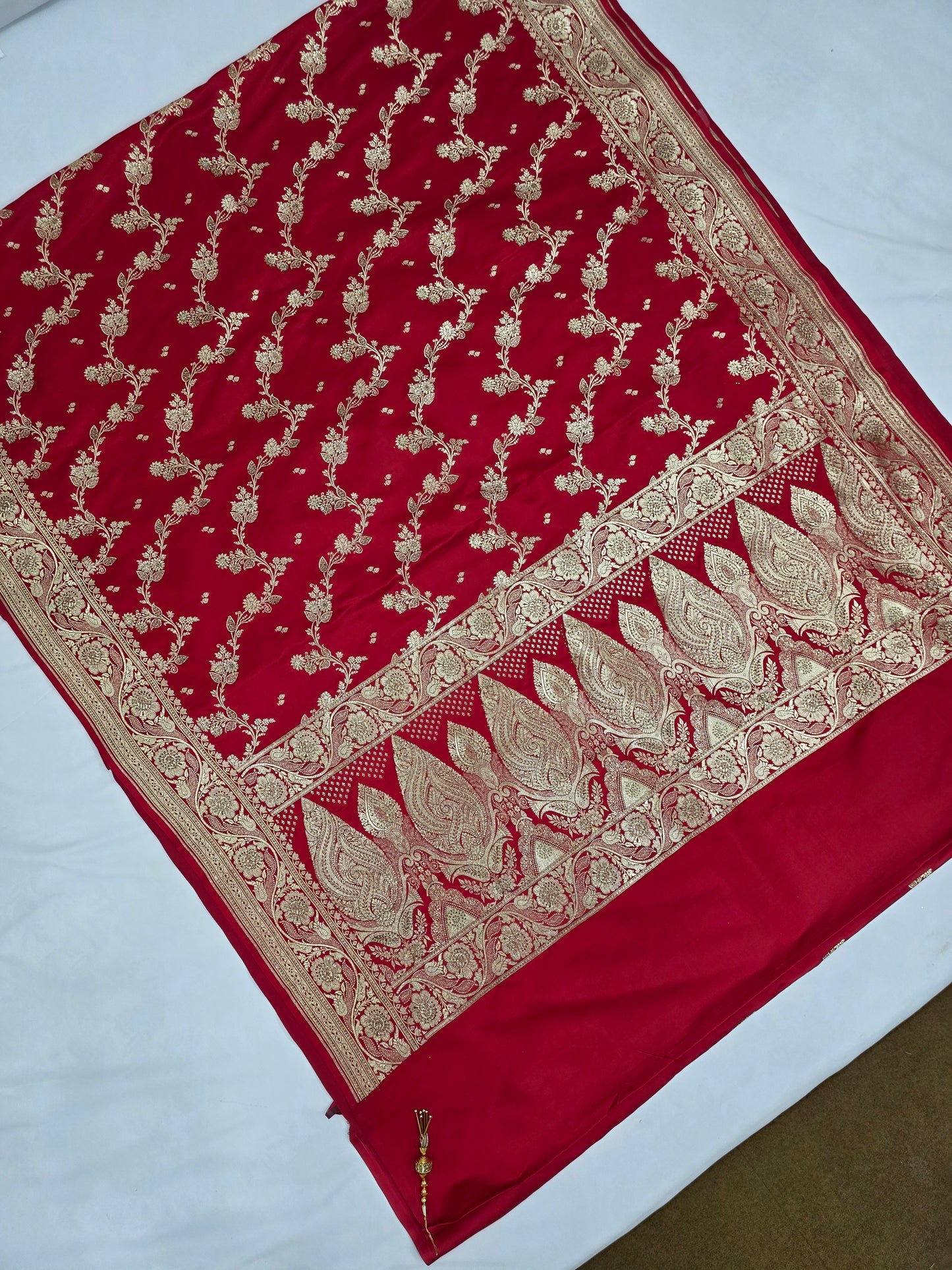 Red Swarovski Banarasi katan silk Saree