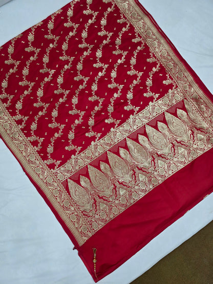 Red Swarovski Banarasi katan silk Saree