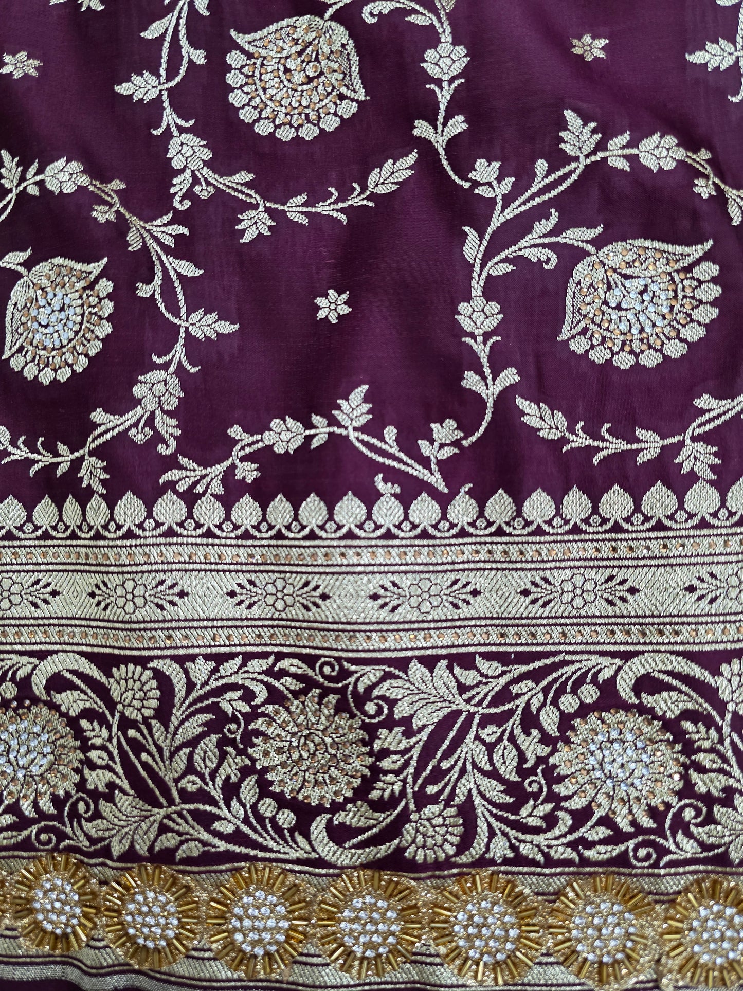 Wine Zarkan Swarovski Banarasi Katan Saree