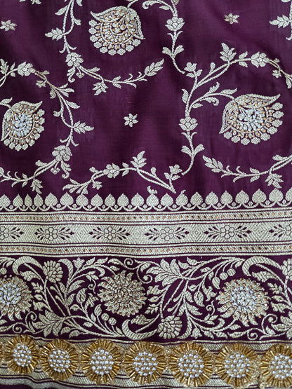 Wine Zarkan Swarovski Banarasi Katan Saree