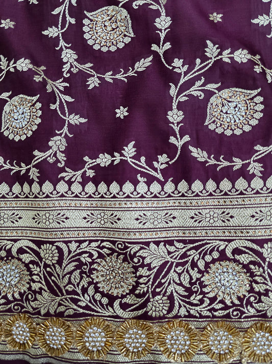 Wine Zarkan Swarovski Banarasi Katan Saree