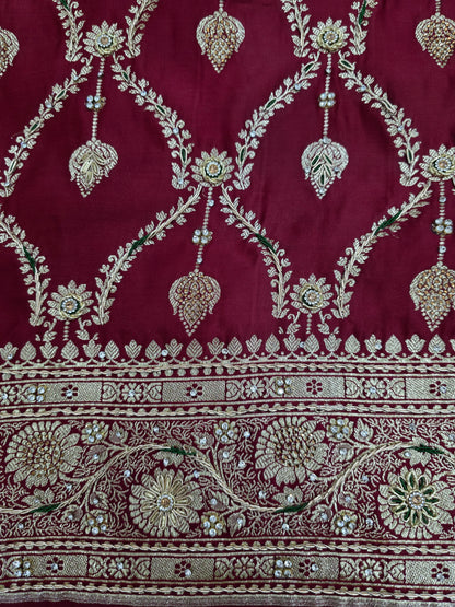 Maroon Zardozi Zarkan Banarasi Katan Saree