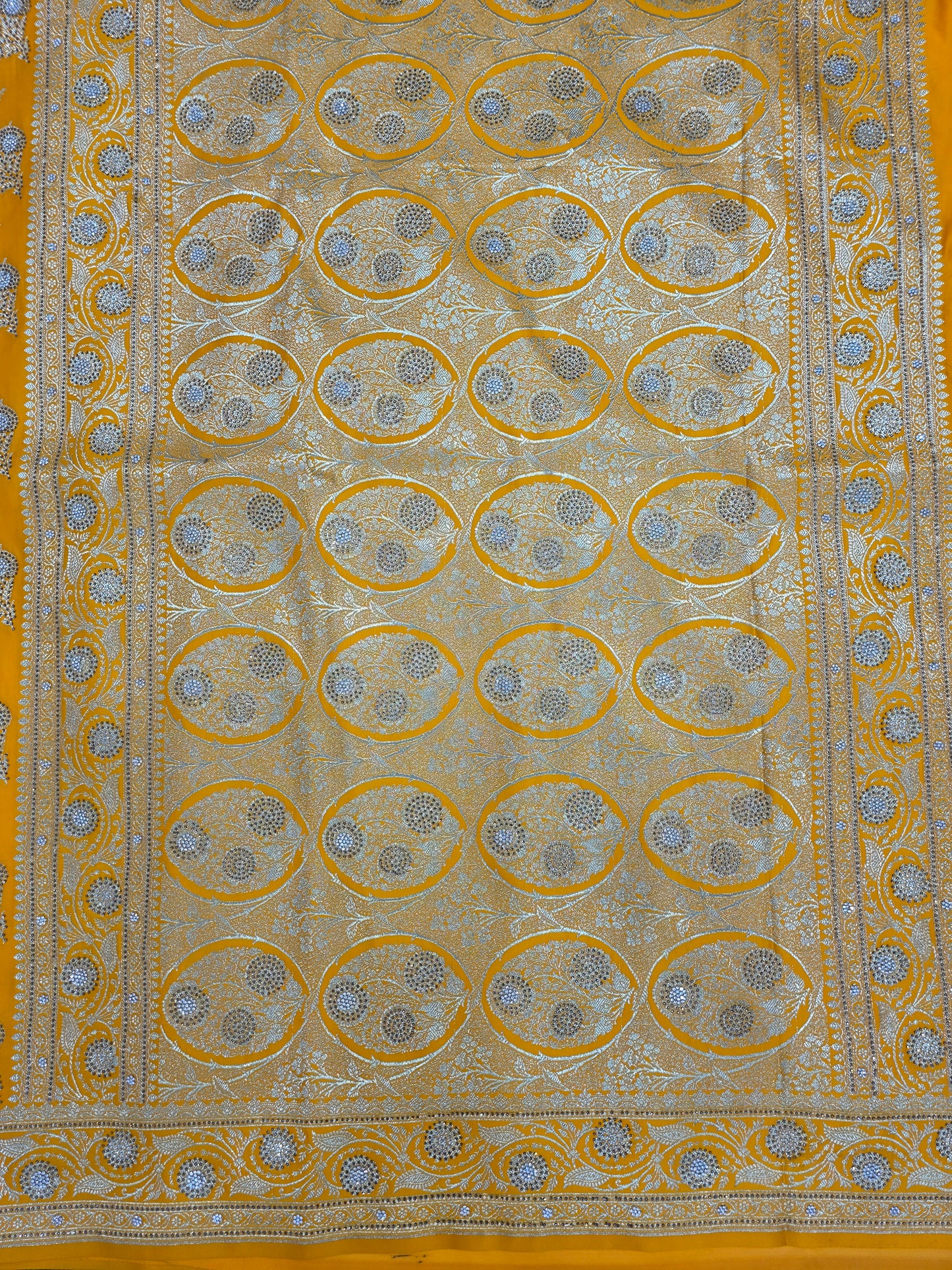 Yellow Zarkan Swarovski Banarasi Katan Saree