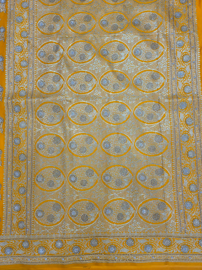 Yellow Zarkan Swarovski Banarasi Katan Saree