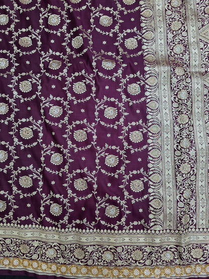 Wine Zarkan Swarovski Banarasi Katan Saree