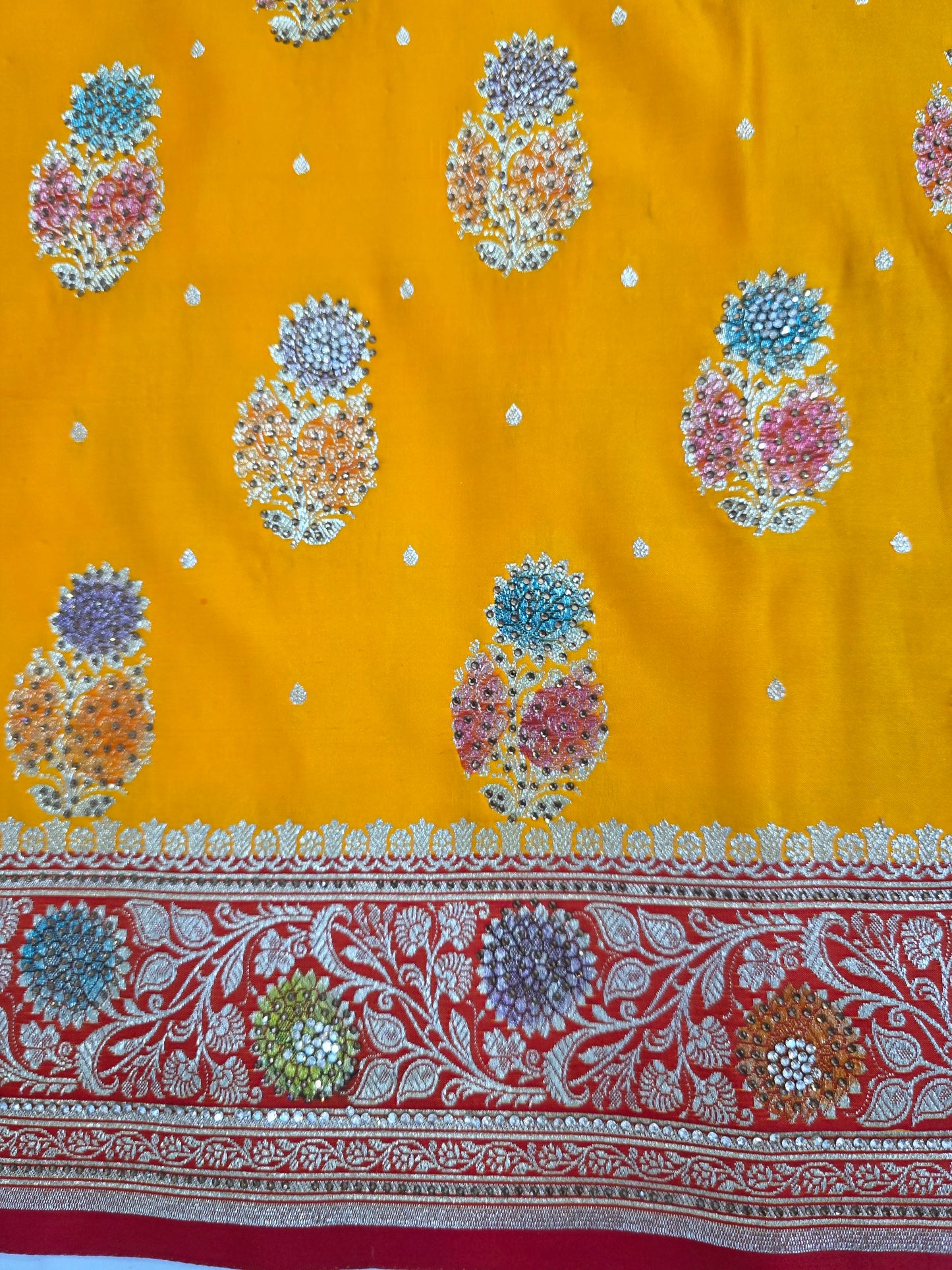 Gold Mina Kari Zarkan Swarovski Banarasi Saree