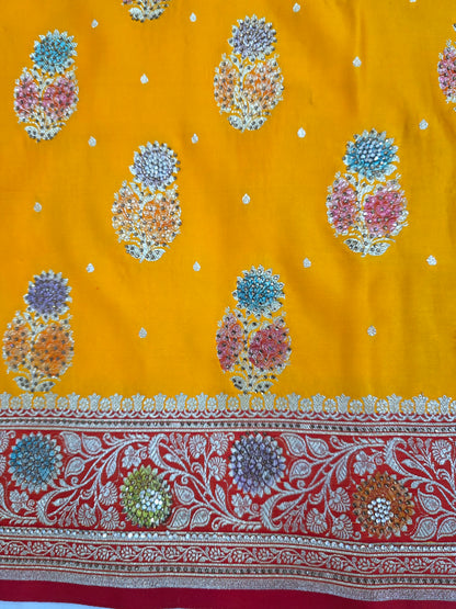 Gold Mina Kari Zarkan Swarovski Banarasi Saree