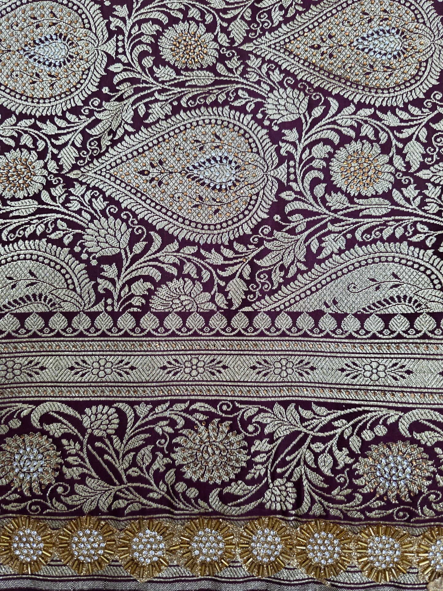 Wine Zarkan Swarovski Banarasi Katan Saree