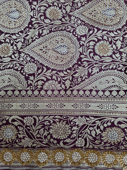 Wine Zarkan Swarovski Banarasi Katan Saree