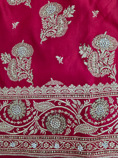 Red Zarkan Swarovski Banarasi Katan Saree
